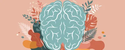 A drawing of a blue-colored brain is shown surrounded by plants on a beige-colored background.