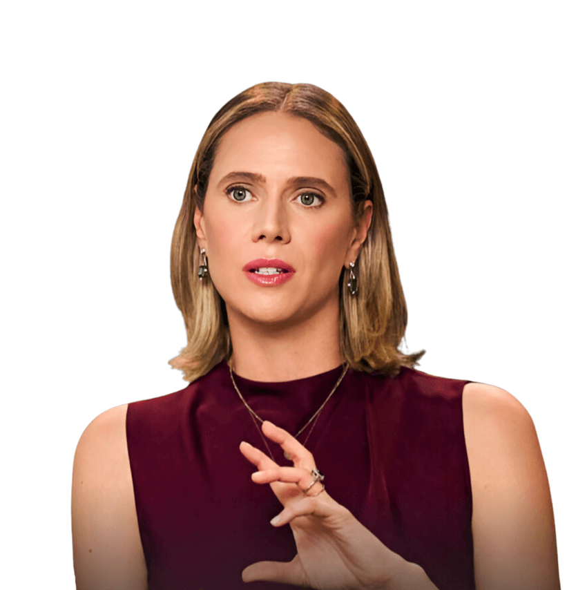 A blond-hair woman wearing a burgundy sleeveless shirt.