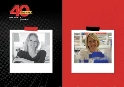In a black and white photo on the left, Annina Schmid smiles with her arms crossed. In the color-photo on the right she wears a white lab coat and smiles in a research laboratory.