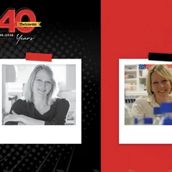 In a black and white photo on the left, Annina Schmid smiles with her arms crossed. In the color-photo on the right she wears a white lab coat and smiles in a research laboratory.