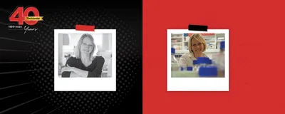 In a black and white photo on the left, Annina Schmid smiles with her arms crossed. In the color-photo on the right she wears a white lab coat and smiles in a research laboratory.