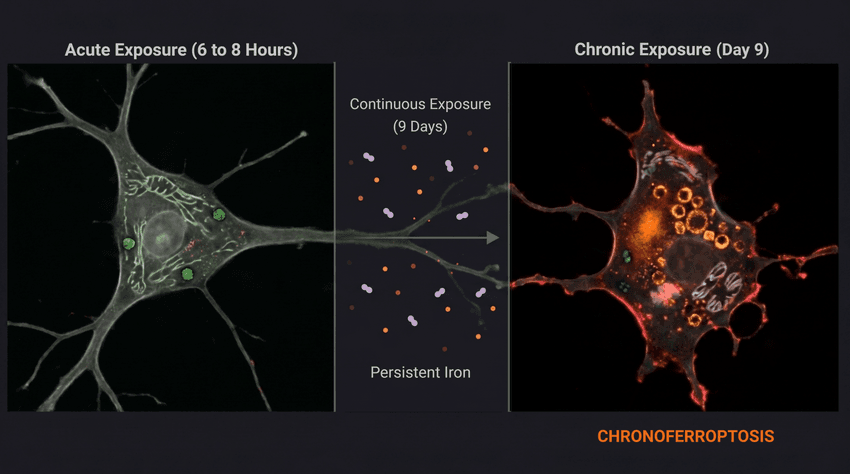 Two neurons side-by-side. The one on the left is green, indicating acute the one on the right is orange.