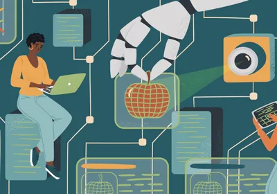 Scientists work with a robot, representing the AI tool Claude Science, to help them with their research.