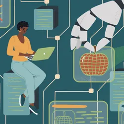 Scientists work with a robot, representing the AI tool Claude Science, to help them with their research.