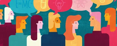Vector image of a crowd talking about science with colorful speech bubbles. 