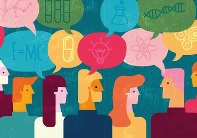 Vector image of a crowd talking about science with colorful speech bubbles.