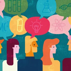 Vector image of a crowd talking about science with colorful speech bubbles.