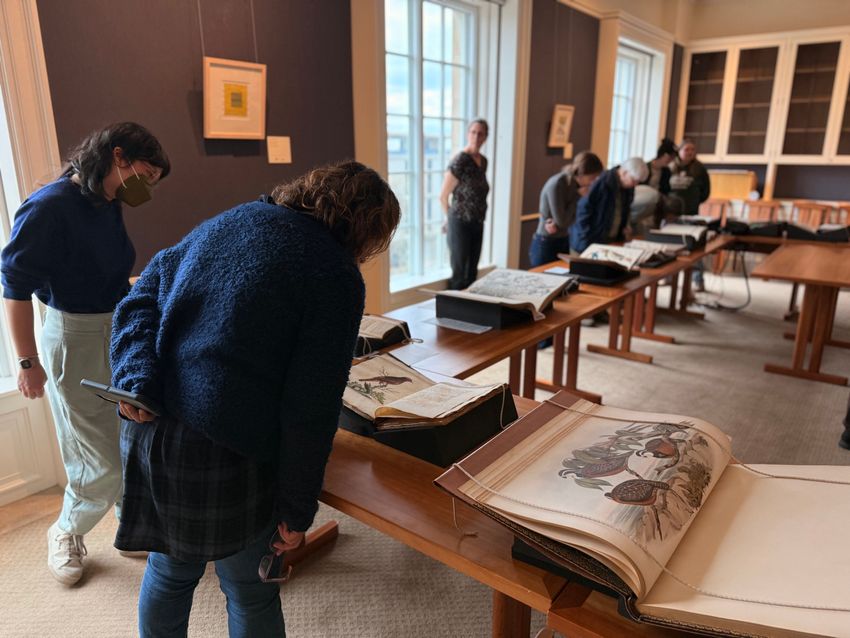 Image of people peering at rare bird books.