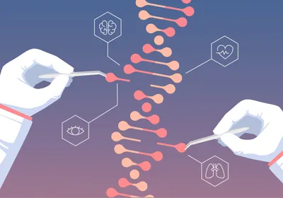 Illustration of two gloved hands holding forceps which hold DNA segments, signifying gene-editing with CRISPR-Cas9.