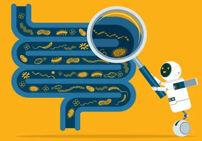 Illustration of blue intestines with drawings of bacteria within it on a yellow background. A small robot, representing AI tools, holds up a magnifying glass over part of the intestine