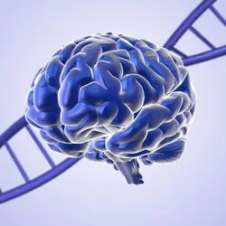 A DNA strand, representing gene therapy, is shown behind a brain.