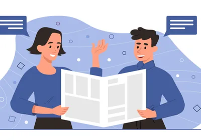 Image of one woman (left) and one man (right) reading from one newspaper between the two of them.