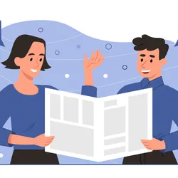 Image of one woman (left) and one man (right) reading from one newspaper between the two of them.