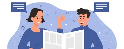 Image of one woman (left) and one man (right) reading from one newspaper between the two of them.