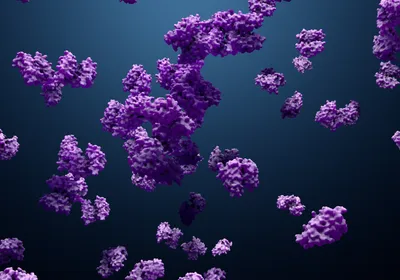 An illustration of purple proteins floating in front of a dark blue background. 