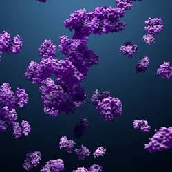 An illustration of purple proteins floating in front of a dark blue background.