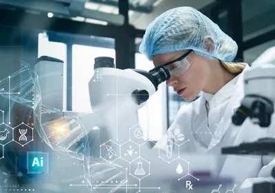 Scientist using a microscope in a modern laboratory with digital data visualizations.
