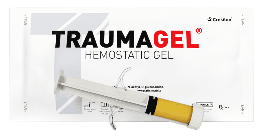 A photograph of the pouch and syringe that carries TRAUMAGEL.