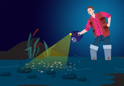 A man wearing knee-high boots stands in ankle-deep, muddy water at night, holding a wet camera. Dense brine shrimp in the shallow water obscure the thrombolites on the lakebed.