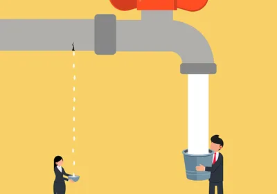 Vector image showing a man and a woman standing underneath a waterpipe against a yellow background. The man stands with a bucket at the faucet of the pipe and a large stream of water fills his bucket. The woman is standing underneath a leak in the pipe holding a bowl that drops are filling. The image represents the inequality between men and women in academic medicine.