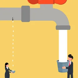 Vector image showing a man and a woman standing underneath a waterpipe against a yellow background. The man stands with a bucket at the faucet of the pipe and a large stream of water fills his bucket. The woman is standing underneath a leak in the pipe holding a bowl that drops are filling. The image represents the inequality between men and women in academic medicine. 