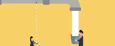 Vector image showing a man and a woman standing underneath a waterpipe against a yellow background. The man stands with a bucket at the faucet of the pipe and a large stream of water fills his bucket. The woman is standing underneath a leak in the pipe holding a bowl that drops are filling. The image represents the inequality between men and women in academic medicine. 