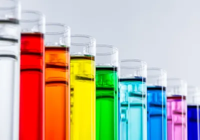Test tubes with a range of colored solutions