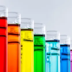 Test tubes with a range of colored solutions
