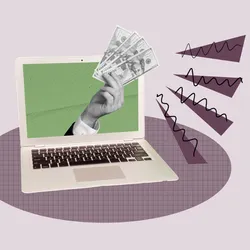 A hand holding $100 bills reaches out of a green-colored laptop screen, indicating a bribe.