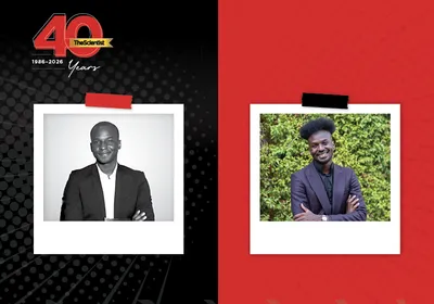 In the TS 40th anniversary template, Ibrahim Cissé wears a black suit jacket and smiles with his arms crossed in the image on the left, and in the image on the right, he stands with his arms crossed in front of green leaves.