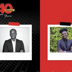 In the TS 40th anniversary template, Ibrahim Cissé wears a black suit jacket and smiles with his arms crossed in the image on the left, and in the image on the right, he stands with his arms crossed in front of green leaves.