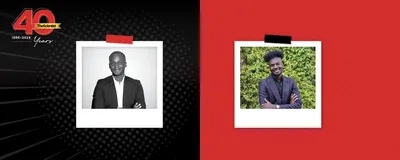 In the TS 40th anniversary template, Ibrahim Cissé wears a black suit jacket and smiles with his arms crossed in the image on the left, and in the image on the right, he stands with his arms crossed in front of green leaves.