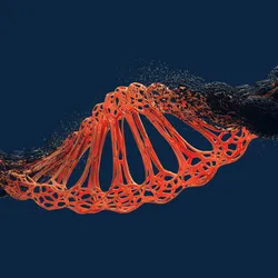 A DNA triple-helix is shown in black with a piece of synthetic DNA inserted into it in red over a dark blue background.