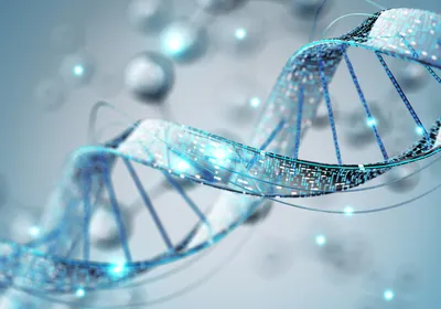 Abstract blue DNA double helix with digital data texture 