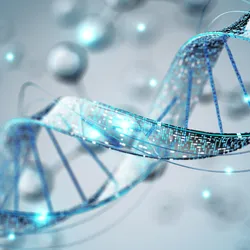 Abstract blue DNA double helix with digital data texture 