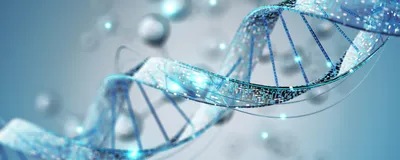 Abstract blue DNA double helix with digital data texture