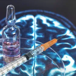 A medical syringe with an ampule and brain scan background signifying BCG which reduced markers of Alzheimer’s disease. 