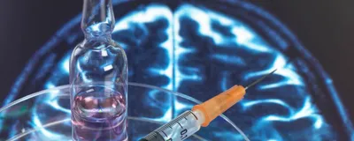 A medical syringe with an ampule and brain scan background signifying BCG which reduced markers of Alzheimer’s disease. 