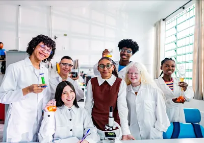 A group of diverse science students smile in a school laboratory.