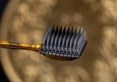 Photograph of a brain-computer interface implant, revealing an electrode array, with needle-like electrodes facing upward