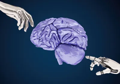 An abstract illustration that represents brain-computer interface that allows speech, showing an arm and a robotic hand pointing at a human brain from opposite sides.
