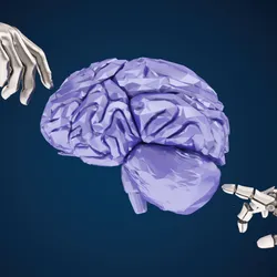 An abstract illustration that represents brain-computer interface that allows speech, showing an arm and a robotic hand pointing at a human brain from opposite sides.