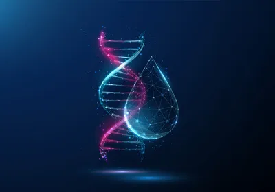 Abstract blue and purple DNA helix and droplet