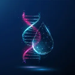 Abstract blue and purple DNA helix and droplet