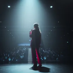 A woman stands in the middle of a stage giving a TED-style talk to an audience.