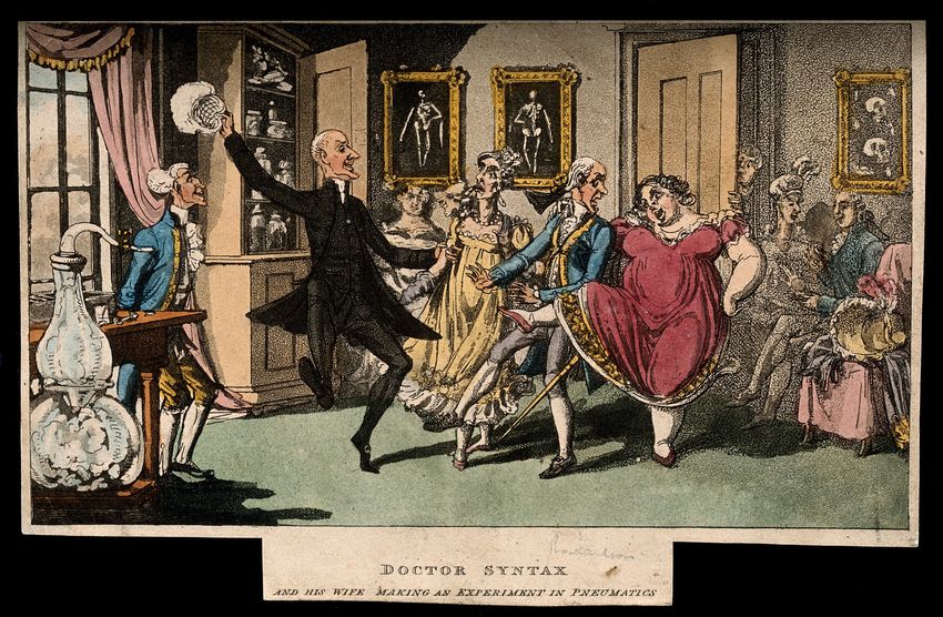 A drawing depicts people dancing around a room under the influence of laughing gas.