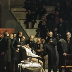 A painting depicts an operation with a patient under anesthesia as doctors surround him and other doctors watch from the operating theater.