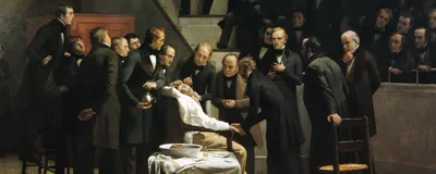 A painting depicts an operation with a patient under anesthesia as doctors surround him and other doctors watch from the operating theater.