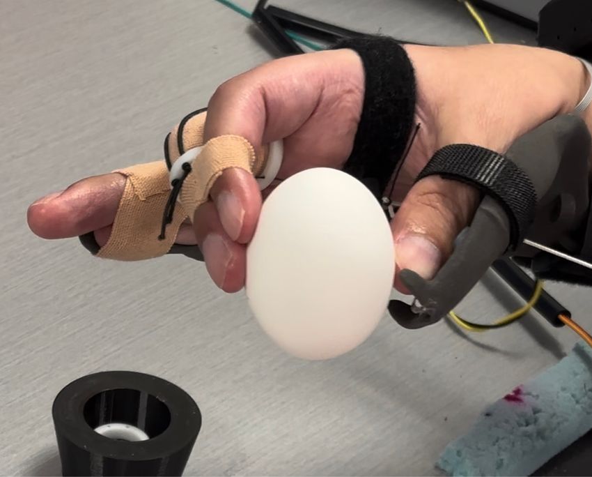 Keith Thomas’s hand holding an empty eggshell.