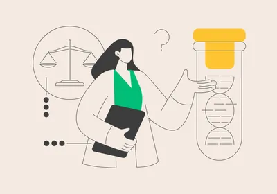 Illustration showing a scientist in a green shirt and white labcoat with shoulder-length black hair beside icons of a scale, indicating balance or justice, and a test tube with DNA in it. 